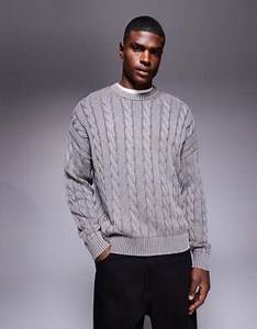 ASOS DESIGN oversized cable knitted jumper in washed grey | ASOS