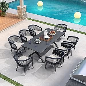 PURPLE LEAF Outdoor Dining Set for 8 All-Weather 9 Pieces Patio Aluminium Dining Table and Rope Weave Chairs Included Cushions for Backyard Indoor Decor Kitchen Patio Furniture Set Grey and Navy