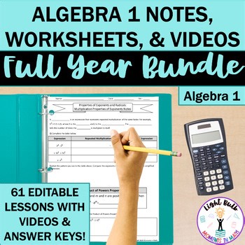 Algebra 1 Curriculum Full Year Guided Notes, Worksheets, Video Lessons Bundle