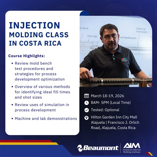 📢 Ready to challenge the "norm" in Injection Molding process development? Join us in COSTA RICA for our 2-day course that focuses on strategies for developing a process for new molds. Your team will improve their knowledge and processing skills by learning how to determine the appropriate shot size for safe mold start-ups, mold cooling and plastic temperature strategies that are focused on the material you are molding, and various studies used to determine plastic flow rate, plastic pressure, a