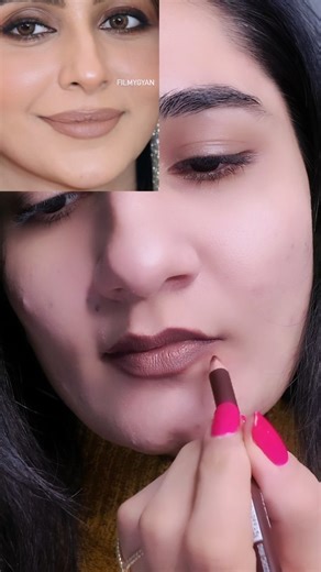 Khushbu j lakhwani | Beauty | Makeup | lifestyle on Instagram: "Rakul Preet’s nude lip moment went viral for a reason and honestly, everyone went gaga for this look 🤎 Nude lipsticks aren’t easy they don’t suit everyone, and the wrong one can totally wash your face out. The real trick is pairing your nude lipstick with a slightly darker lip liner and blending it well so the lips still have definition and warmth. That’s exactly what I did here using a nude lipstick from Rimmel London and a darker