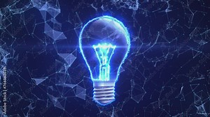 Abstract blue business idea creative concept technology.Appearance of light bulb, blue energy exploding with particles and lines. Technology background 4K