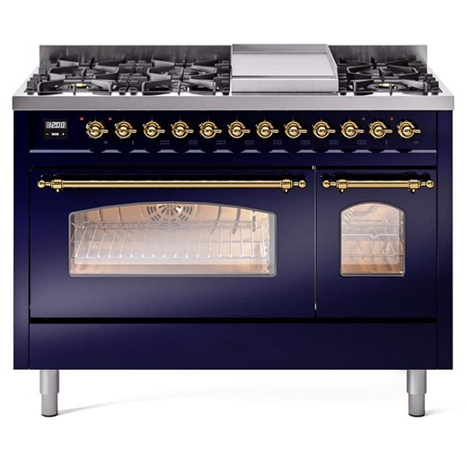 ILVE Nostalgie II 48 in. Dual Fuel Natural Gas Range with 8-Burnerss, Griddle, Brass Trim in Midnight Blue UP48FNMPMBG