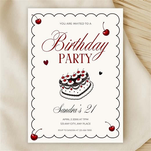 Vintage Heart Cake Birthday Party Invite, Cherry Coquette Invite, Printable Digital Canva Template - Etsy