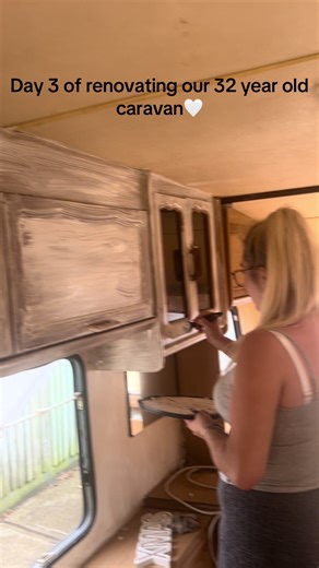 Day 3 of renovating our 32 year old caravan 🤍 Day 3 consisted of putting a base coat on some of the cabinets as the bottoms are going to be darker ( I think ). We have also decided to paint all the walls and celling white because it’s an offish yellow. We also took all the rusty old screws out and replaced the rotten shelf with a new one. We didn’t have much time today but this was still a few hours spent. The weekend will be the next post. Make sure your following for day 4 😅🤍 #fyp #caravan 