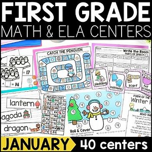 First Grade January/Winter Write the Room, Puzzles, Games for Math & Reading