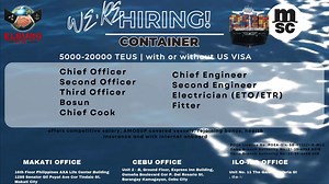 EXCITING OPPORTUNITIES AWAITS Join our Mediterranean Shipping Company (MSC) Fleet and be part of the largest container company in the world. The company offers a competitive salary, AMOSUP covered vessels, rejoining bonus, health care benefits, internet onboard, etc. Hurry and apply now! For interested applicants, please submit your online application now at https://elburg.crewinspector.com/public/main or you may send us your CV thru our email recruitment@elburgshipmanagement.com.ph For more inq