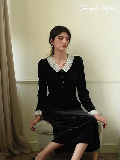 Simple Retro | Emely V-Neck Velvet Lace Dress | 2025 A/W