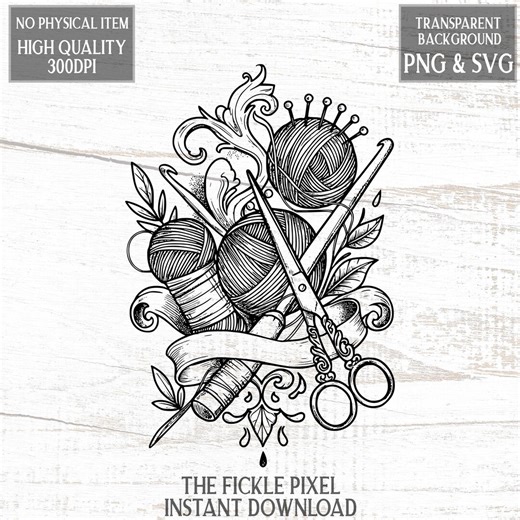 Crochet Tattoo Art Vintage Digital Download PNG SVG | Craft Design Hook Yarn Scissors | T-shirt Wall Art Mug Print | Instant Download - Etsy