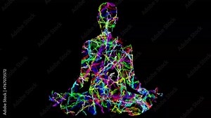 Yoga symbol with colorful electric sparks on plain black background