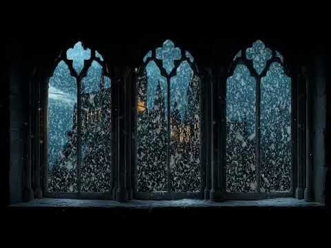 4K Hogwarts Winter Window View | Cozy Snow Ambience for Projector Display