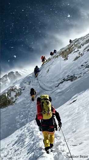 footage of climbing Mount Everest on a steep route during strong winds