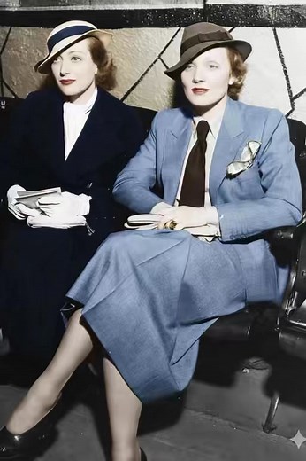 From a still photograph of Joan with Marlene taken in 1934. Incidentally, Doug Fairbanks Jr dated Marlene even while married to Joan. [ Erratum by Lee Whelchel - This is at "The Tingle Tangle Club" which was owned by Dietrich's friend and composer Friedrich Hollander (he wrote "Falling in Love Again" and "You've Got that Look"). I don't think Dietrich began her affair with Fairbanks Jr until 1934 when he was divorced. Their affair primarily took place in London where she was filming "Knight with