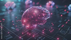 Digital brain model with illuminated pink nodes and connections, set against a dark background with circuit board patterns. This image symbolizes AI, neural networks, and cutting-edge technology.