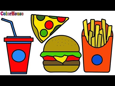 HOW TO DRAW A BURGER , PIZZA WITH FRENCH FRIES AND SOFT DRINK FOR KIDS STEP BY STEP ‪@ColorHouse8886‬