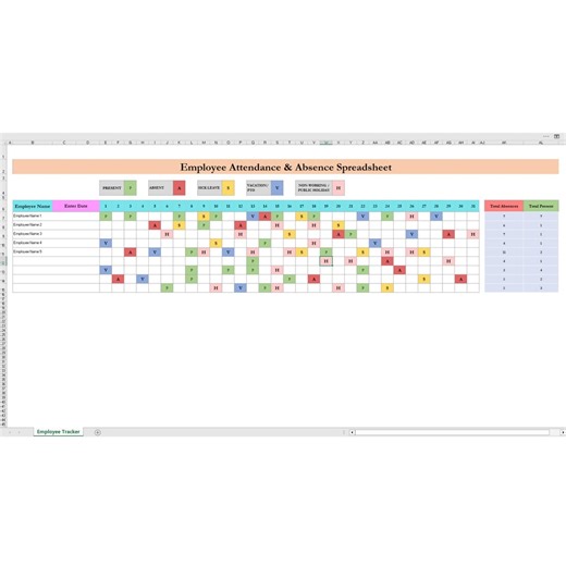 Employee Attendance & Absence Tracker Excel Google SheetsMonthly Staff Work Schedule HR Spreadsheet Vacation, Sick Leave, Leave Management