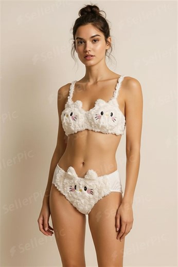 Kawaii Cat Lingerie Set – Plush Hello Kitty Bra & Panty – Soft Furry Anime Underwear – Pastel Cute Sleepwear Valentines Day Gift - Etsy