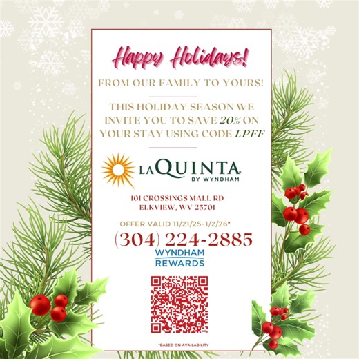 This holiday season, make your stay merry and bright! ✨ Save 20% on your stay when you use code LPFF. Whether you’re visiting family or enjoying a winter escape, we’ll make it feel like home. We can't wait to welcome you! (304) 224-2885 https://bit.ly/47t4S8s #LaQuintaElkview #holidayseason #friendsandfamily #wyndham #holidaytravel | La Quinta Inn & Suites Elkview - Charleston NE