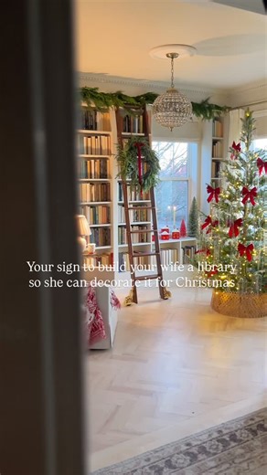 Nate Long on Instagram: "It’s officially Christmas time in our house 🎄 Obviously Bri’s favorite room to decorate is our DIY library! 🎄 📚 #Christmas #christmasinspo #library #books #interiordesign #homedecor #cottage #vintage #bookstagram #diyhome"