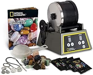 NATIONAL GEOGRAPHIC Professional Rock Tumbler Kit- Advanced features include Shutoff Timer and Speed Control - 2lb Barrel, 1lb Gemstones, 4 Polishing Grits, Jewelry Fastenings and Learning Guide