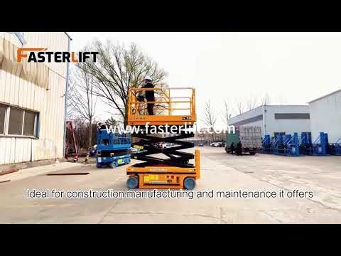 Yellow 10-meter working height self-propelled scissor lift demonstration video with explanation