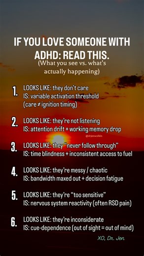 🧠 OK, let’s break it down. If you love someone with ADHD, here’s the reframe that can save relationships: 🧠 A lot of ADHD traits can look like character flaws from the outside. But often it isn’t “they don’t care.” 🧠Sometimes it’s variable activation timing (care ≠ ignition). Meaning the intention is there, the tank may even be full, but the engine hasn’t turned over yet. 🧠Other times it’s executive function friction in the engine itself, showing up as attention drift, time blindness, bandwi