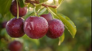 Close-up of ripe purple plums hanging from a branch in a plum orchard, glistening with dew drops.