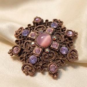 Vintage Pink Opaline Glass Rhinestone Brooch Victorian Revival – 2.25”