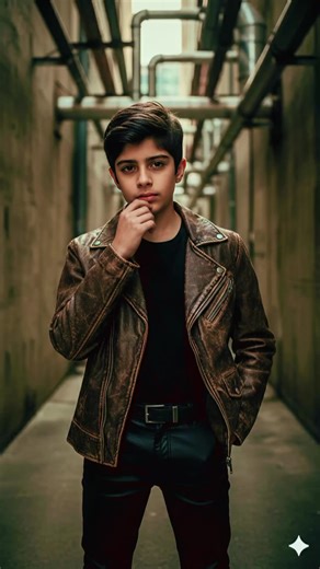 Brothers for life ... A realistic fashion portrait of a handsome young 12 year boy reference image face standing in a narrow urban alleyway, wearing a distressed brown leather jacket over a black fitted t-shirt, black leather pants with a belt, . confident expression, one hand near lips in a thoughtful pose. Industrial background with concrete walls and exposed pipes overhead. Soft moody daylight, cinematic shadows, shallow depth of field, high-end editorial photography style, masculine aestheti
