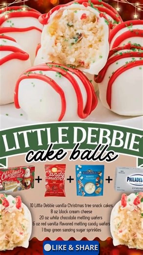 Little Debbie’s Christmas Tree Cakes—perfect for holiday parties and gifting! 🎄✨ These Little Debbie Christmas Tree Cake Balls are soft, delicious, and covered in smooth white chocolate with colorful sprinkles to mimic the iconic snack cakes. Little Debbie Christmas Tree Cake Balls Ingredients 2 boxes Little Debbie Christmas Tree Cakes (5 count each), crumbled 8 ounces cream cheese, softened 16 ounces white candy melts Red and green sanding sugar or festive sprinkles Optional: red candy melts o