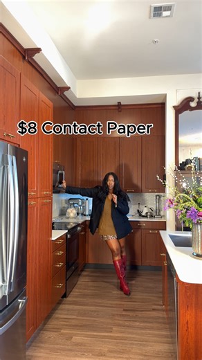 Every Last Layer on Instagram: "ONE ROLL IS $8.00!!! I used wood contact paper to turn my very regular rental kitchen into a hotel-inspired brasserie. One weekend, a whole lot of patience, and honestly? So worth it. Just because you rent doesn’t mean your space can’t be beautiful and intentional. New year, new kitchen. Now to learn to cook something other than Hot Cheeto Fries & caviar. Link in bio!! #everylastlayer #boutiquehotel #renterfriendly #contactpaper #apartmenthotel"