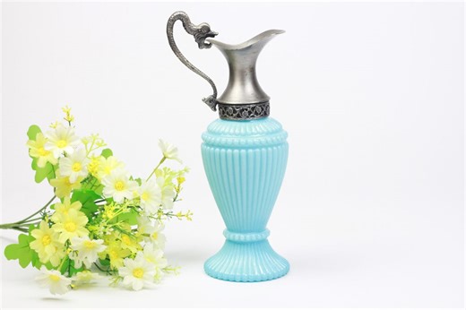 Blue Opaline Glass Pitcher With Metal Handle - France - 1950 - Etsy