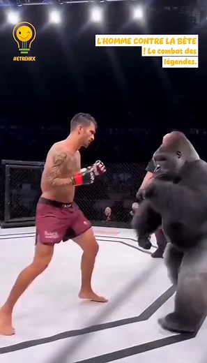 Quand le combat du siècle prend une tournure inattendue ! L'homme contre le gorille, le choc des titans. Qui misait sur la bête ? 🤯🤣 #combat #mma #gorille #hommevsbete #incroyable #wtf #drole #humour #insolite #chocdestitans #legendaire #sport #videodrole #reelsfb #madewithai - Made with AI | Être heureux