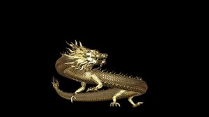 Gold Chinese dragon full body move fast from far to near camera with 3d rendering include alpha path.