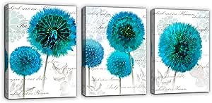 Dandelion Flower Canvas Wall Art for Bedroom Bathroom Decoration 3 Piece Framed Prints Artwork White Ground Teal Flower Simply Style Picture for Home Living Room Wall Decor Size 12x16x3p a Set