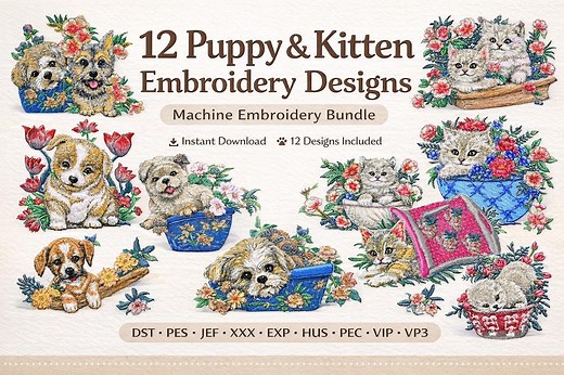Puppy & Kitten Embroidery Designs | 12 Animal Machine Embroidery Files Bundle - Etsy
