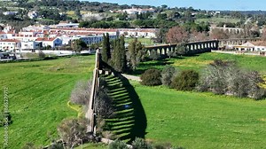 Bird eye view of historic stone Roman Aqueduct at Évora, Portugal designed by Francisco de Arruda and built in the 1530s
