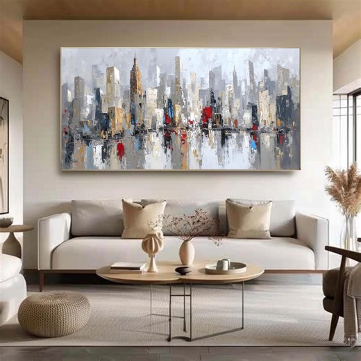 Large New York City Painting on Canvas, Abstract Cityscape Wall Art, Textured Impasto Urban Decor, Oversized Gray Skyline Original Painting - Etsy