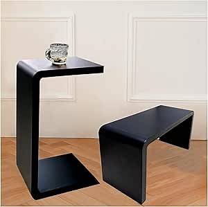 Solid Wood End Table for Couch, C Shaped Mini Sofa Side Table for Small Narrow Spaces, Wooden Nightstand for Living Room Bedroom Laptop Work Desk, Bedside Table for Office Balcony (2, black small)