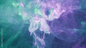 Color fluid explosion. Atomic cloud. Pearl paint splash in purple aqua menthe green neon light.