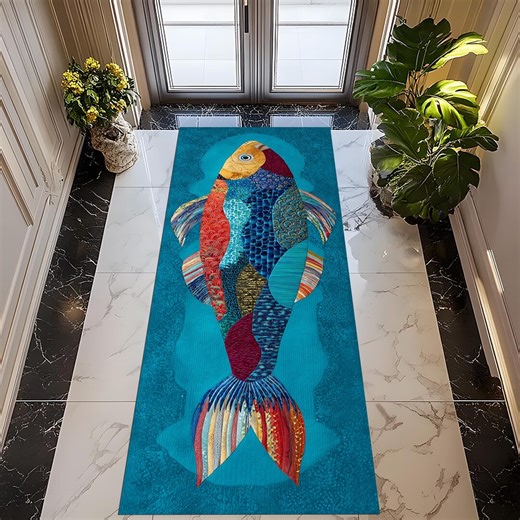 Patchwork Fish Runner Rug: Turquoise Blue Mosaic Carpet, Nautical Ocean Coastal Decor - Etsy