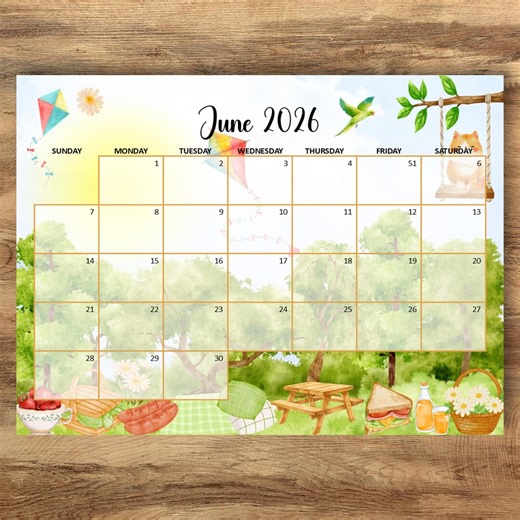 2026年6月カレンダー、夏の自然風景、ピクニック、家族、子供向けプランナー、月間スケジュール、即時ダウンロード（編集・印刷可能なPDF） - Etsy 日本