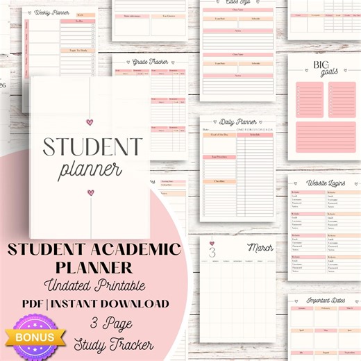 Student Academic Planner Undated: High School & College (printable PDF) - Etsy