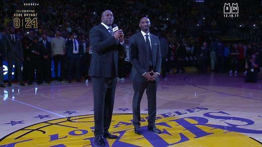 Kobe Bryant's number 8 and 24 jerseys were retired at halftime of tonight's game against the Warriors. | Los Angeles Lakers
