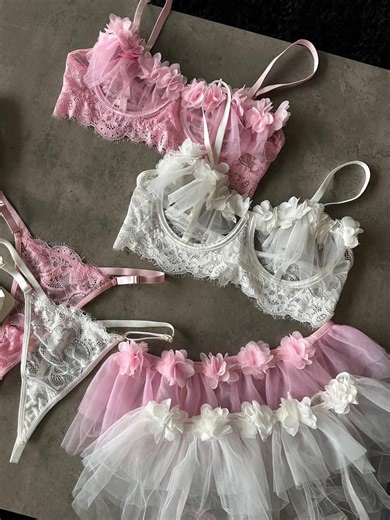 White Lace Floral Lingerie Set Sheer Mesh Bra Thong Skirt Garter Straps Stockings Romantic Bridal Boudoir Nightwear Gift for Her - Etsy