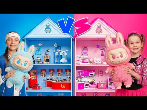 Pink vs Blue DIY Dollhouse Challenge for Labubu Toys with Stephi and Eva