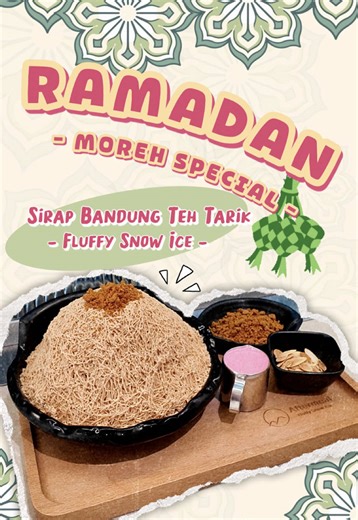 Where nostalgia meets texture 😍 Fragrant Teh Tarik snow, silky Sirap Bandung cream, finished with almond flakes and golden Biscoff crumbles. Every layer thoughtfully crafted. Every bite meant to be shared. 🌙✨ #Aftermeal #RamadanMorehSpecial #moreh #bingsu #shavedice