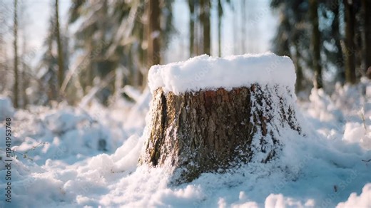 Spring snow ice thaw, end of Winter Season, hope, fresh start. A snowcovered tree stump in the middle of a snowy forest. The tree stump is blanketed in a thick layer of snow.