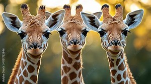 Trio of Giraffe Calves: Three adorable giraffe calves, their necks elegantly posed, gaze directly at the camera in an endearing display of wildlife charm.