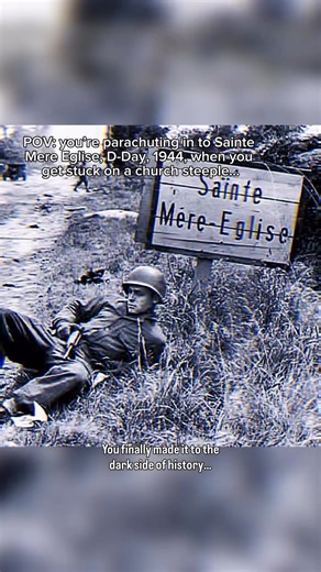 Daily Historic Events on Instagram: "In the early hours of June 6, 1944, U.S. paratrooper John Steele jumped into Sainte-Mère-Église as anti-aircraft fire tore through the night sky. The town was already burning from earlier drops. Tracers and flares lit the square below as men descended into gunfire instead of darkness. Steele’s parachute drifted off course and carried him straight toward the church at the center of town. His canopy snagged on the steeple. Steele slammed into the stone and was 